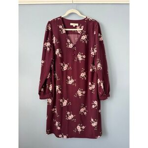 LOFT Burgundy Floral Long Sleeve Dress